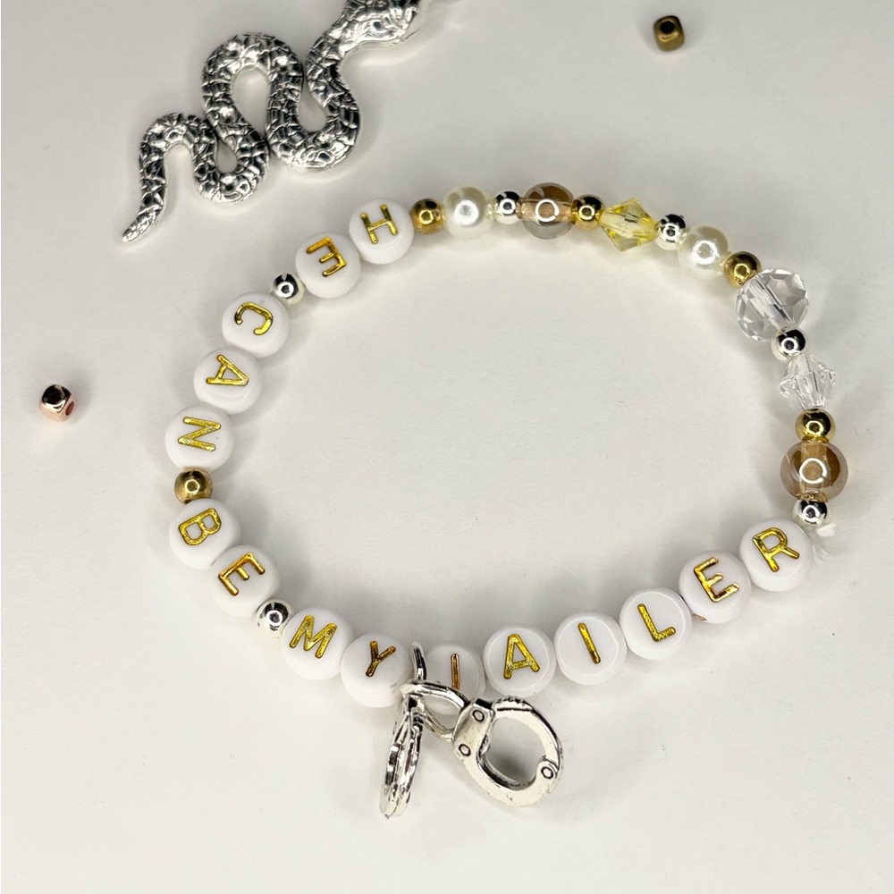 Taylor Swift White and Gold Beaded Bracelet with Handcuff Charm